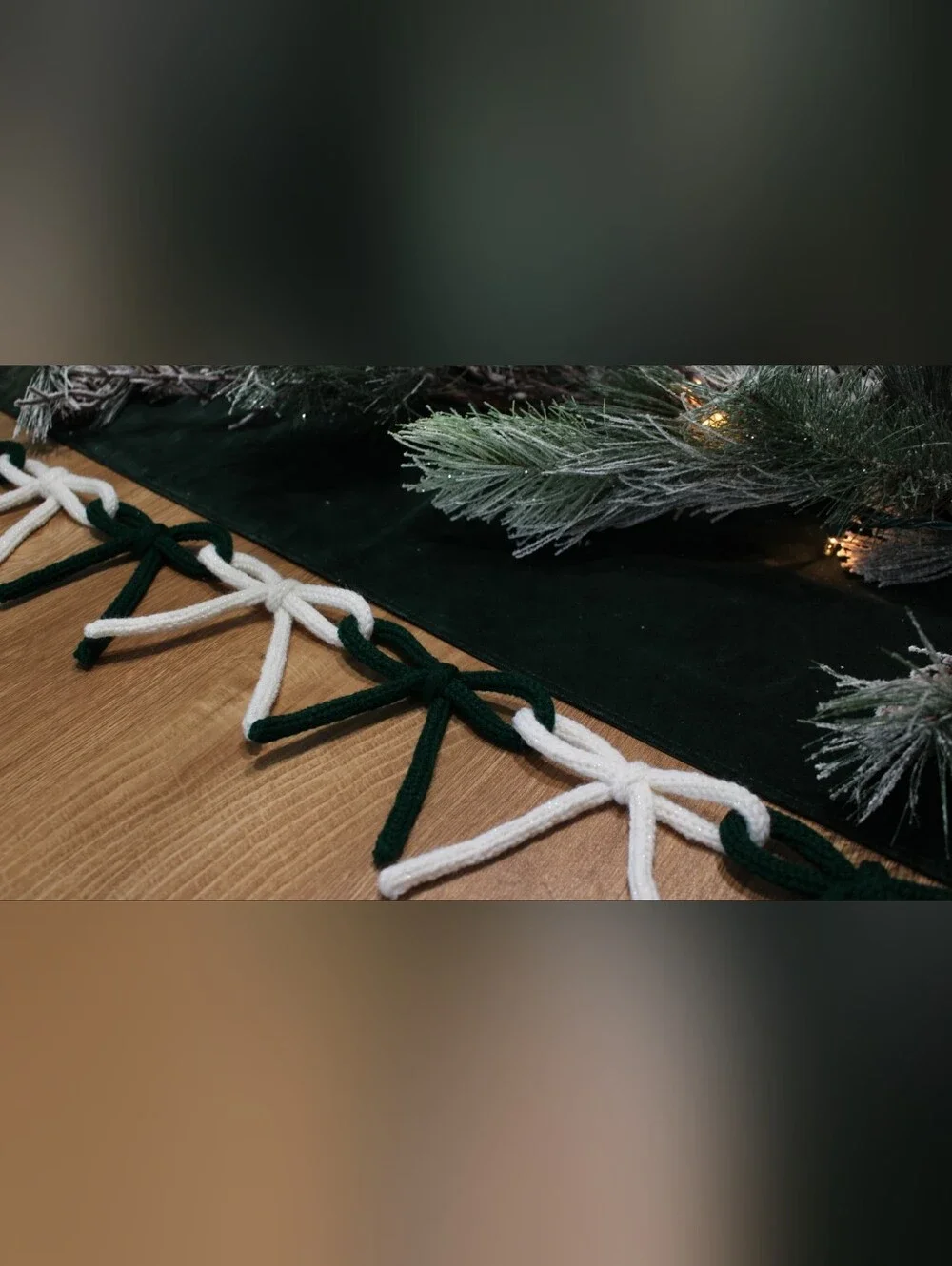 Handmade Knitted Holiday Bow Garland- 6 Ft- Green & Sparkly White
